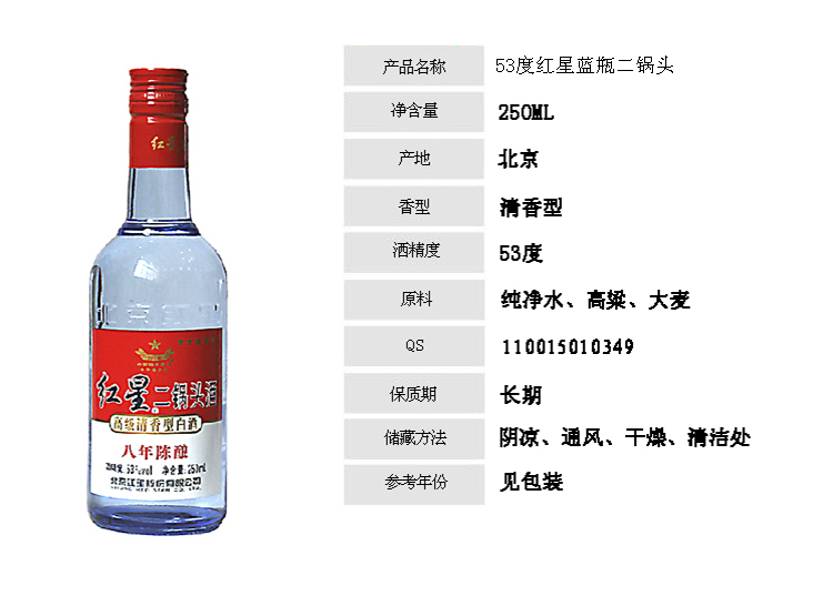 53度北京红星二锅头(蓝瓶八年陈酿)250ml/瓶