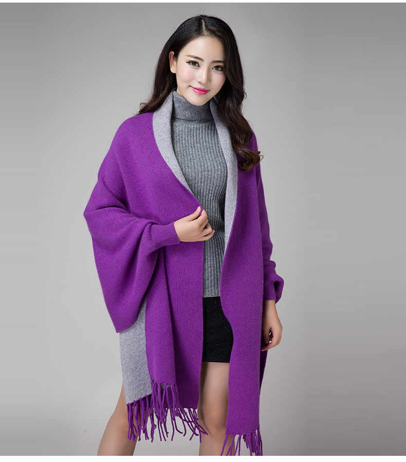 女装针织开衫双面貂绒大衣蝙蝠衫流苏斗篷披肩毛衣外套女 c-605 紫色