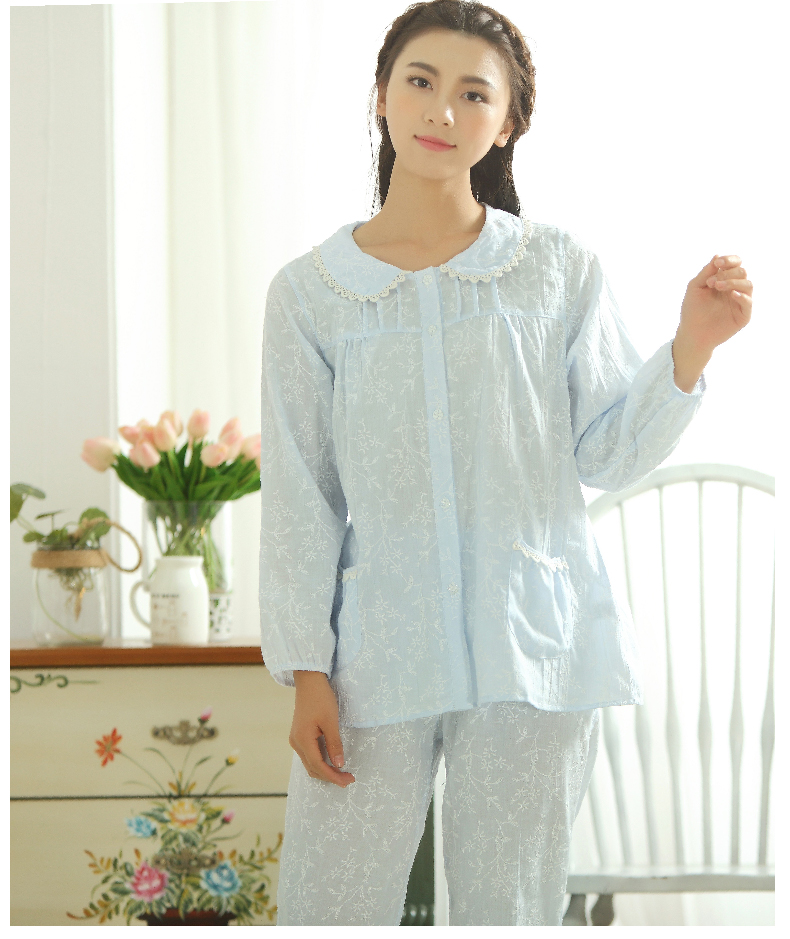 康柔 春季纯棉家居服套装女士简约休闲起居服梭织提花长袖开衫睡衣 kc