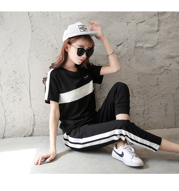 百依恋歌 新款韩版女士休闲运动套装宽松短袖