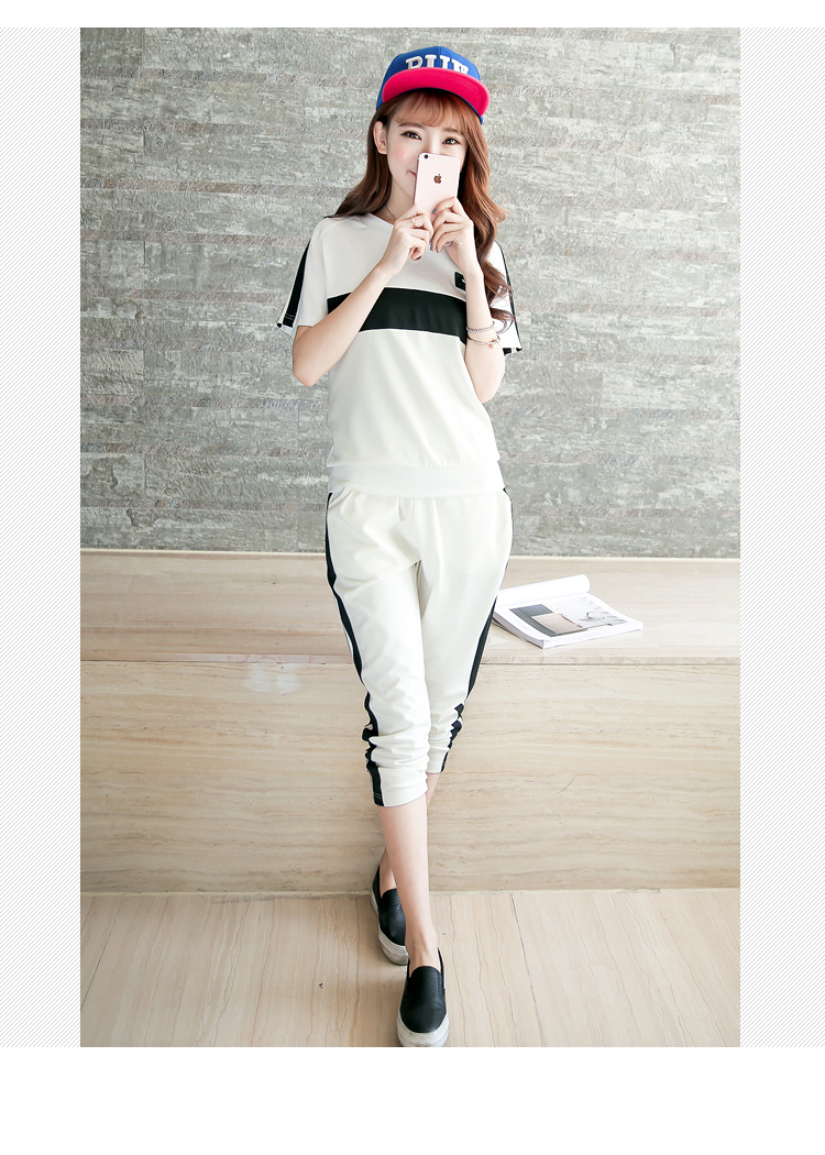 百依恋歌 新款韩版女士休闲运动套装宽松短袖